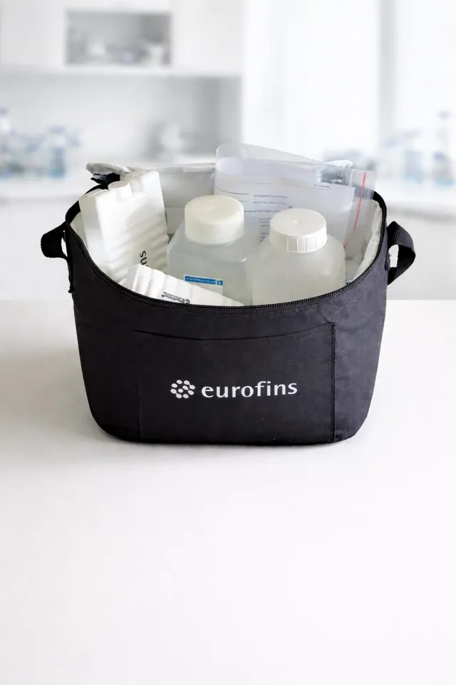 Eurofins sampling kit — bottles and sample bags ready in a branded carrier bag